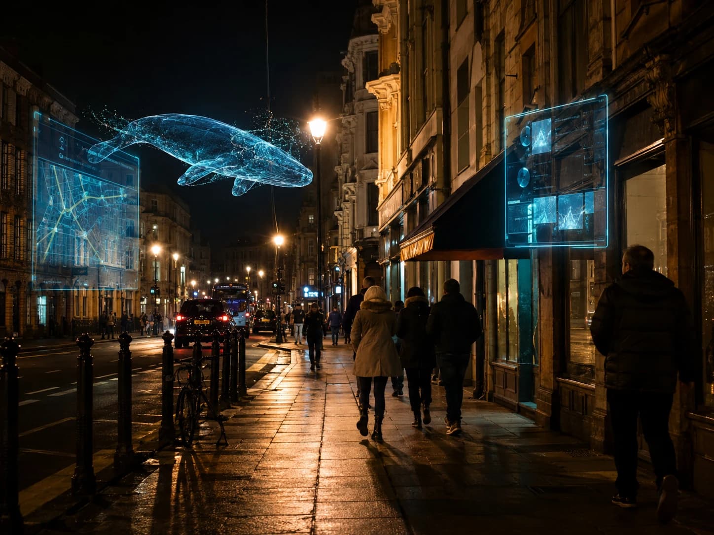 An ordinary night-time city street with translucent digital panels layered over it