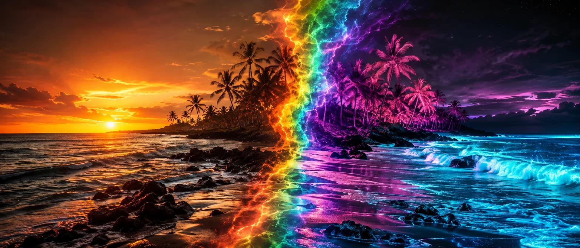 A tropical shoreline at sunset, natural on one side and transformed into electric cyan, violet and magenta light on the other