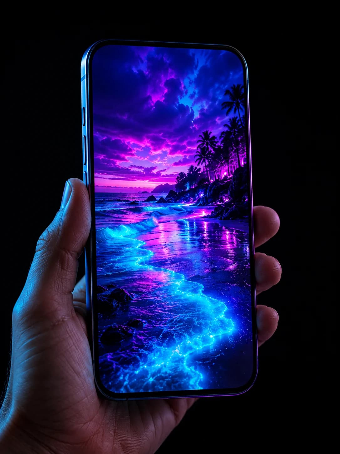 A smartphone displaying a vividly transformed shoreline