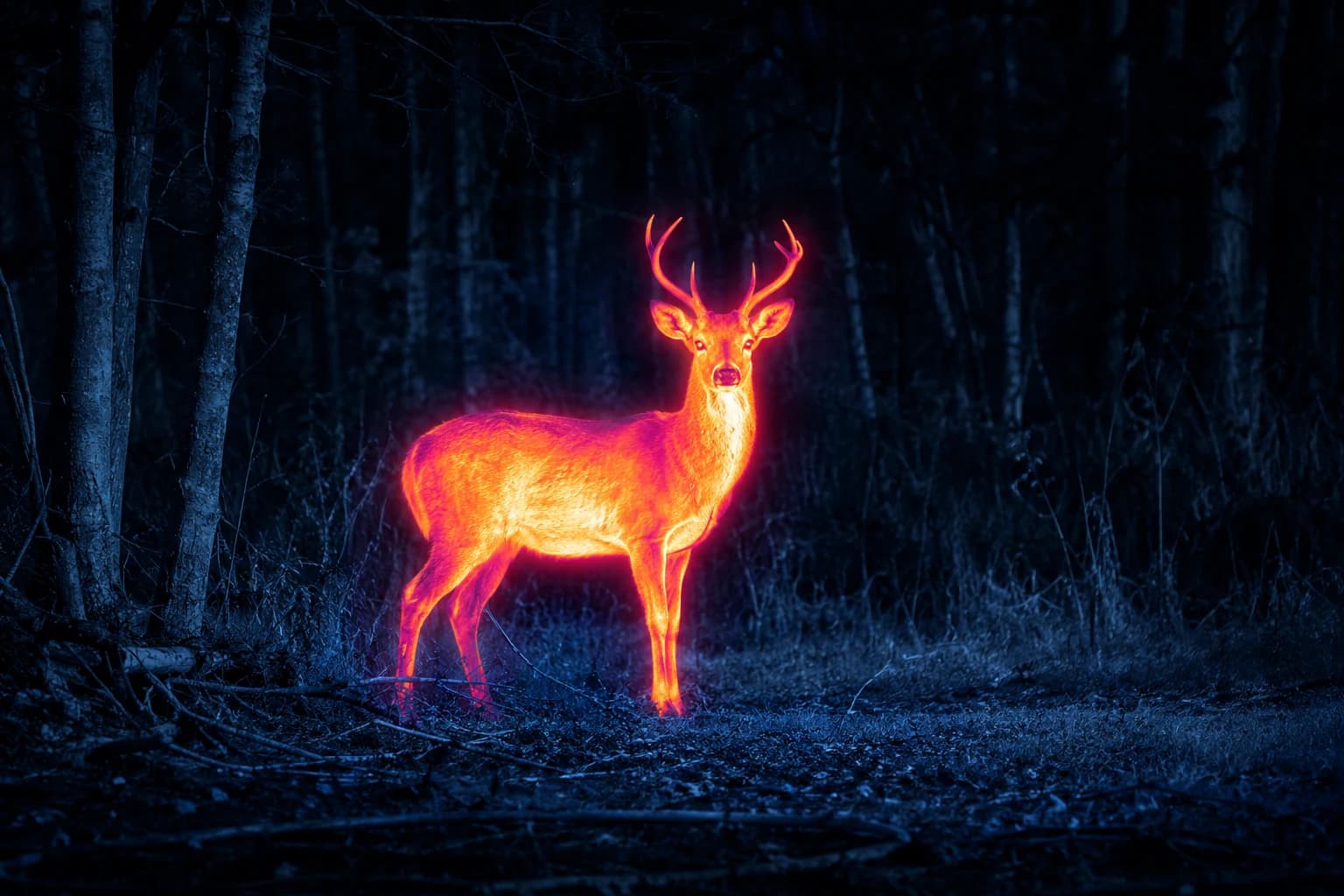 A deer glowing through a thermal ironbow palette against cold blue woodland