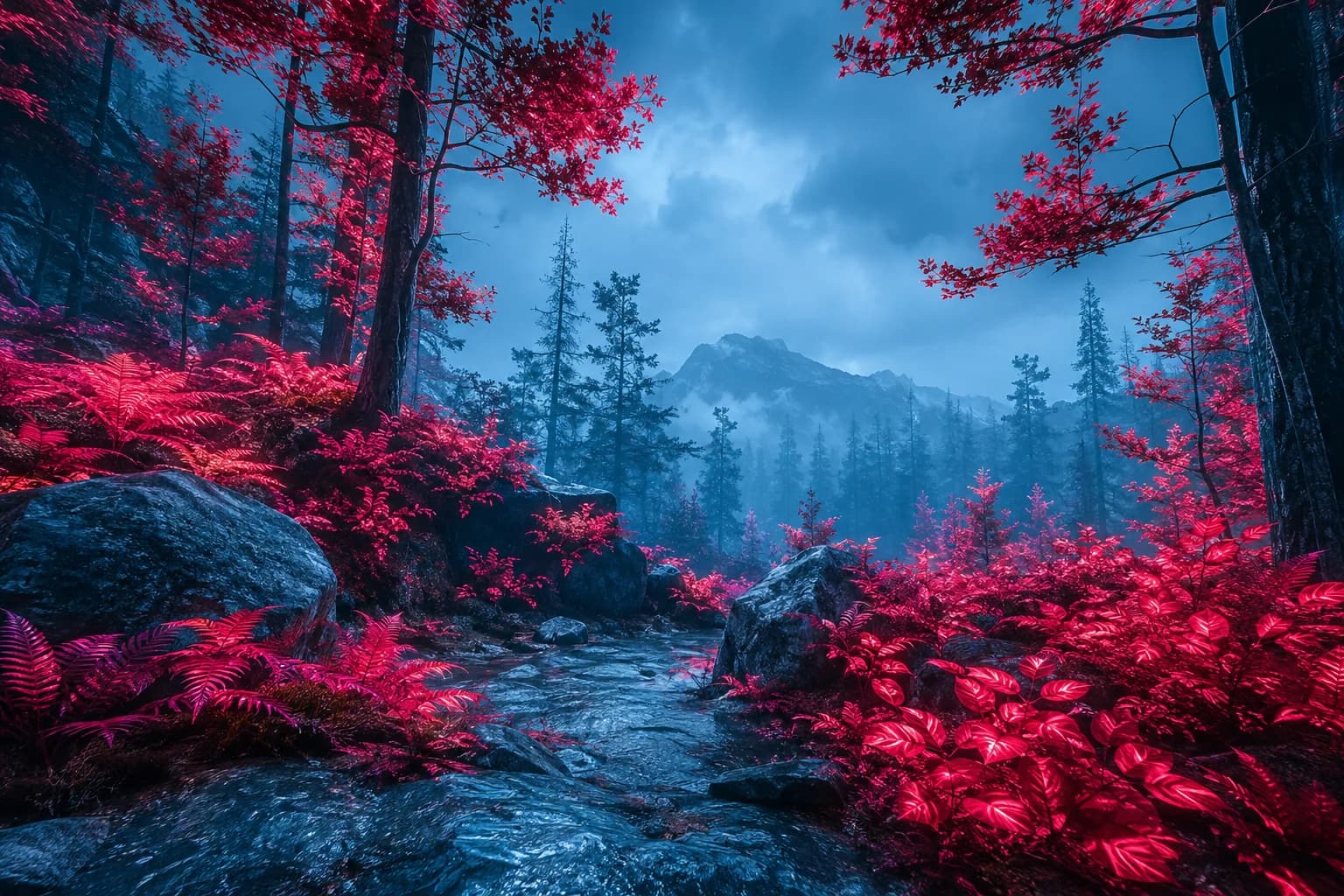 A forest where living foliage burns crimson against a steel-blue world