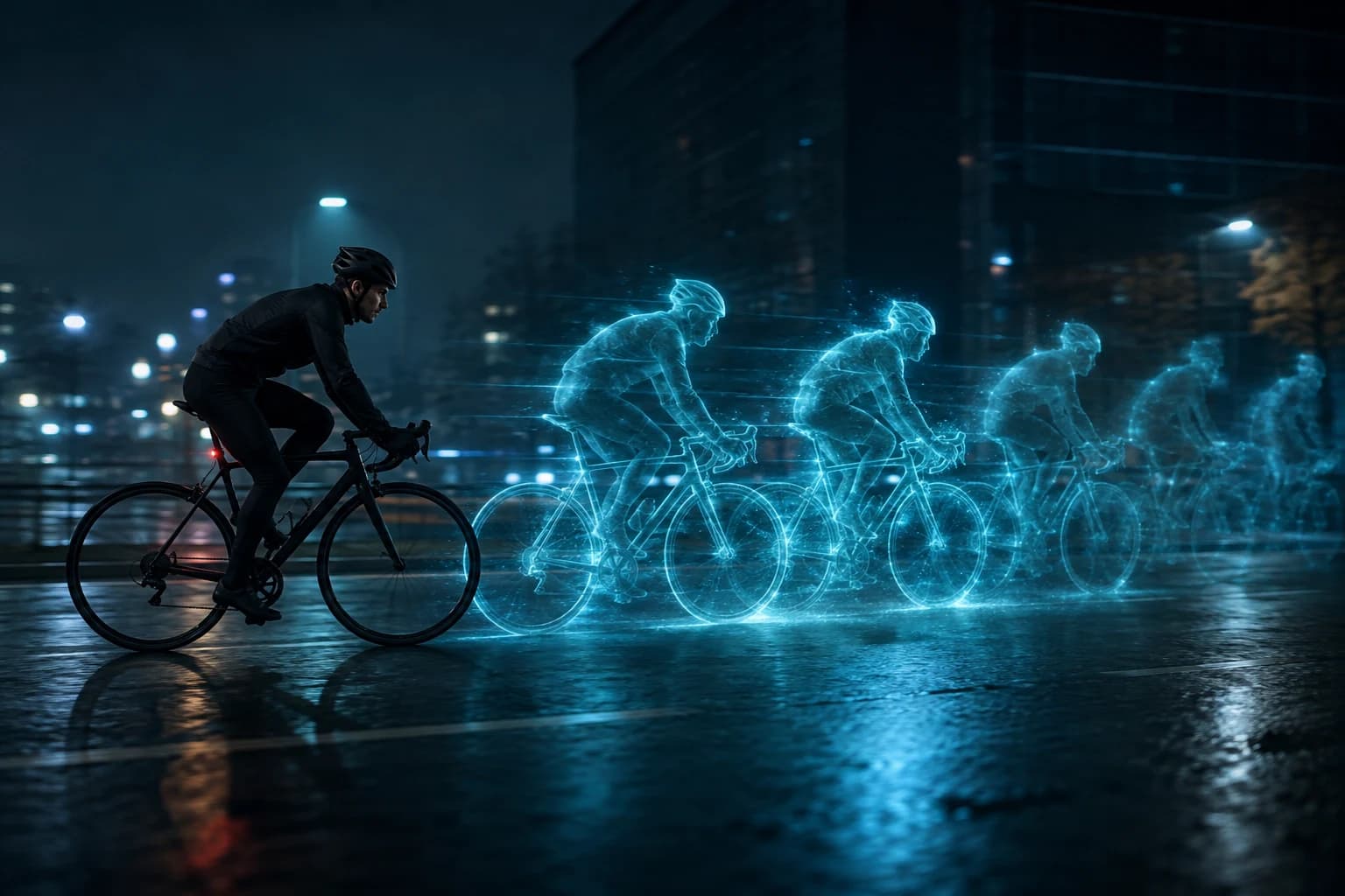 A night cyclist with luminous cyan echoes drawn ahead along the path of travel