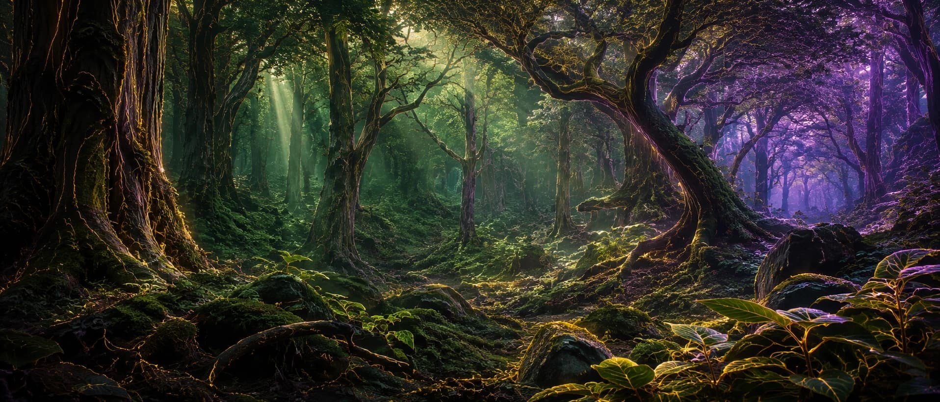 A forest whose natural patterns, edges and light shafts have become extraordinarily pronounced
