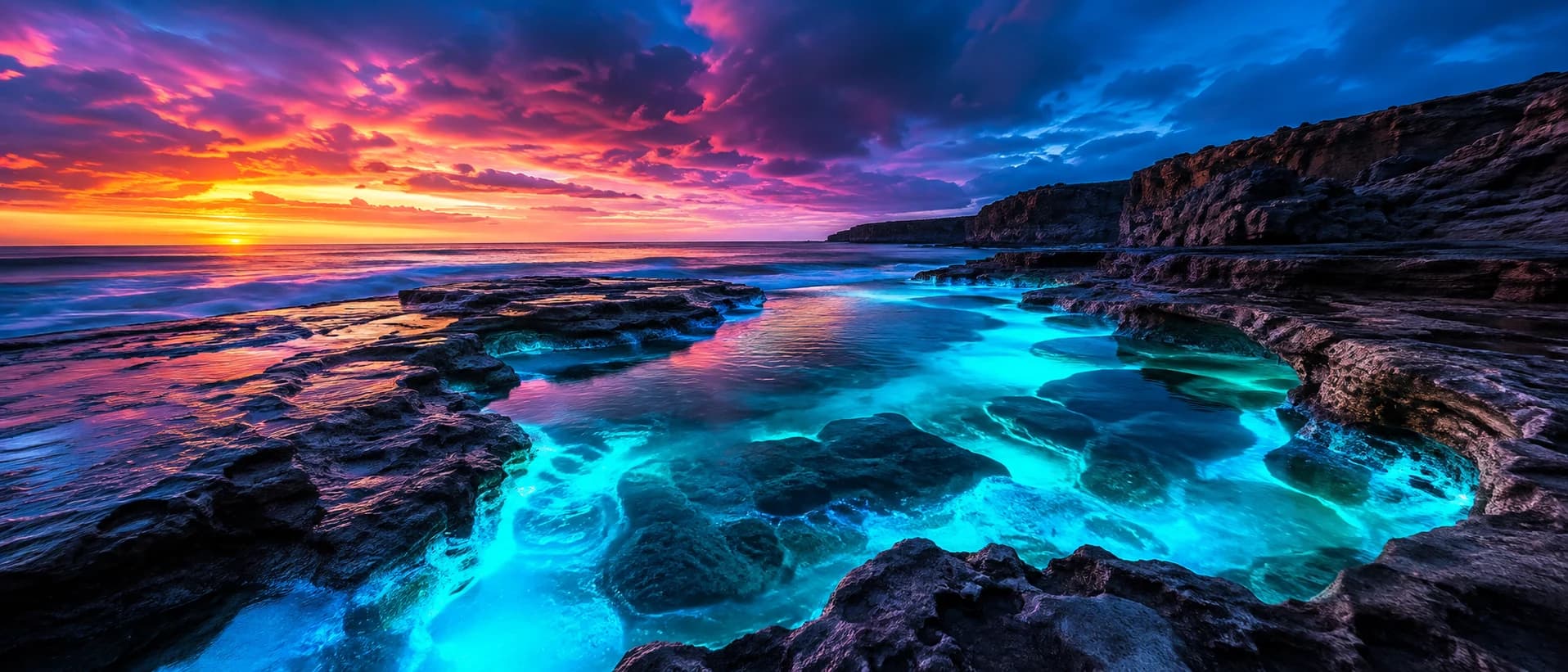 A real coastline rendered in a sweeping spectrum of cyan, violet, magenta and orange
