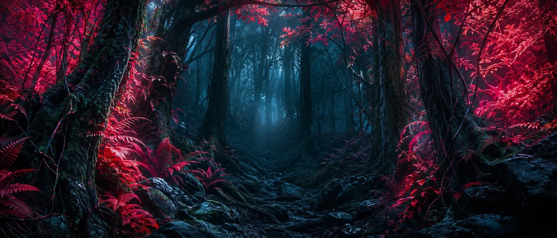 A forest interior where every living plant burns crimson while rock, bark and mist stay cold steel blue