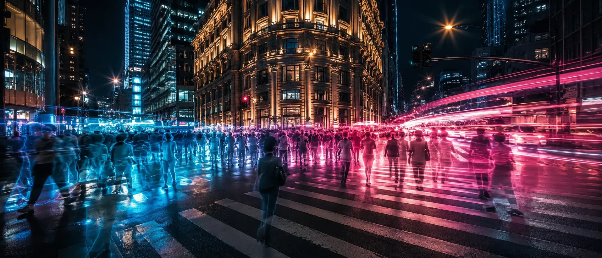 A city crossing at night where moving people and vehicles leave luminous trailing echoes