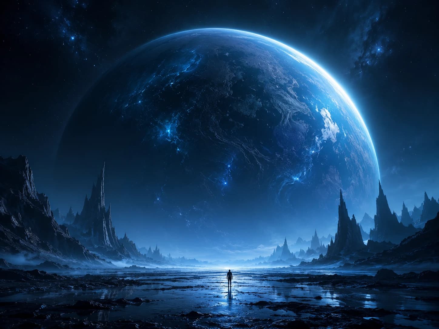 A lone figure dwarfed by an alien planet in a wholly constructed virtual world