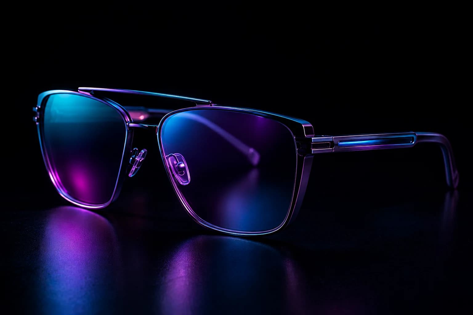 Minimal conceptual eyewear with spectral reflections across the lenses