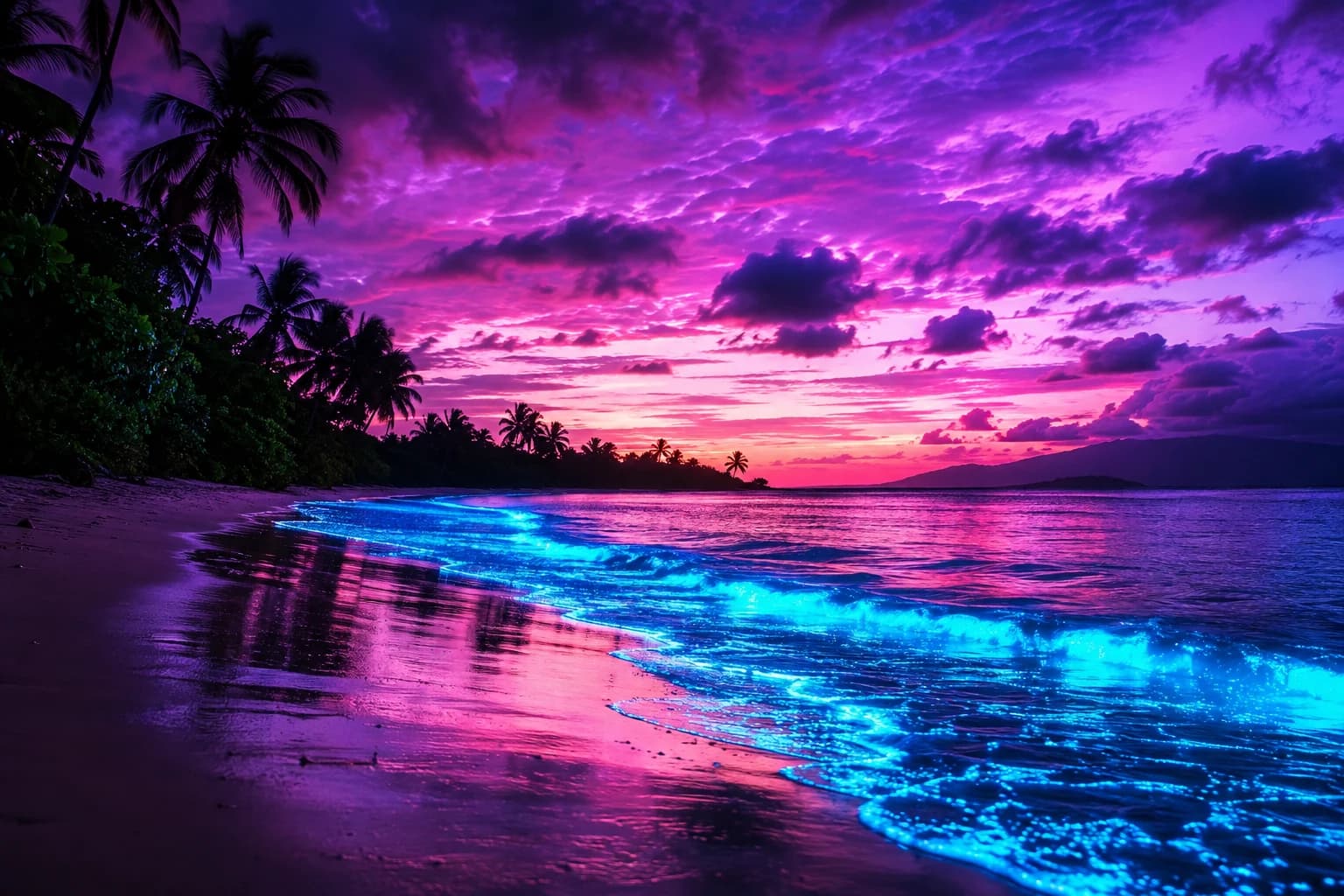 A tropical beach with electric cyan bioluminescent surf