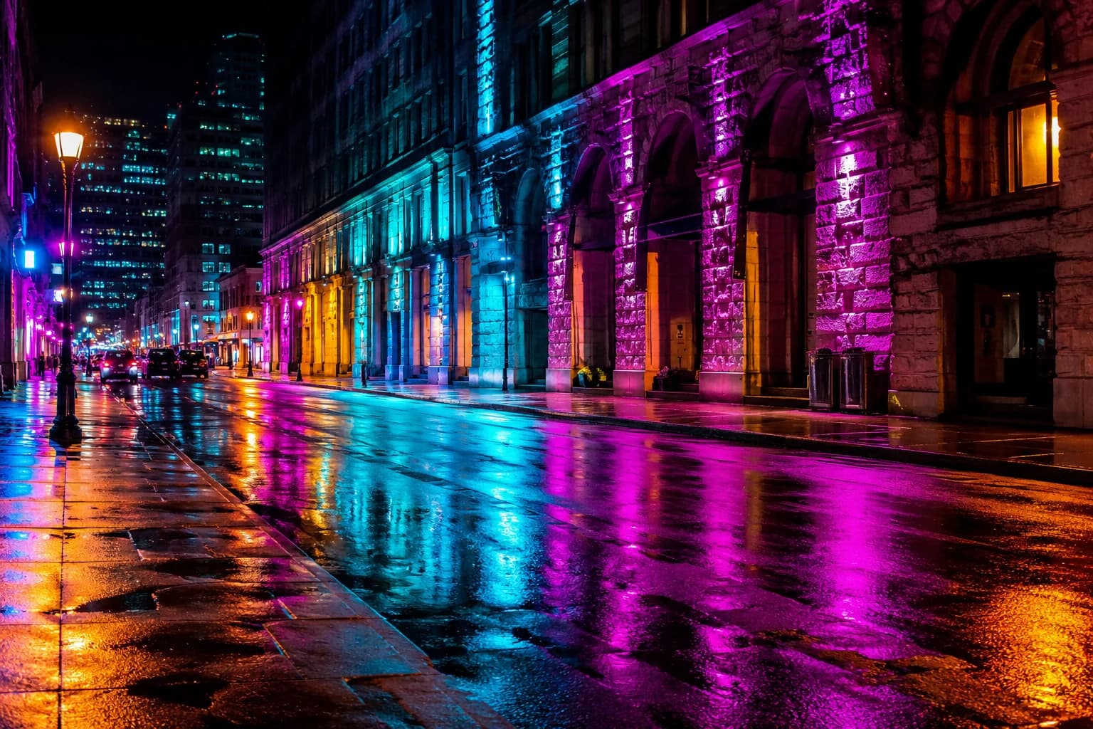 A rain-slick city street transformed by spectral neon light