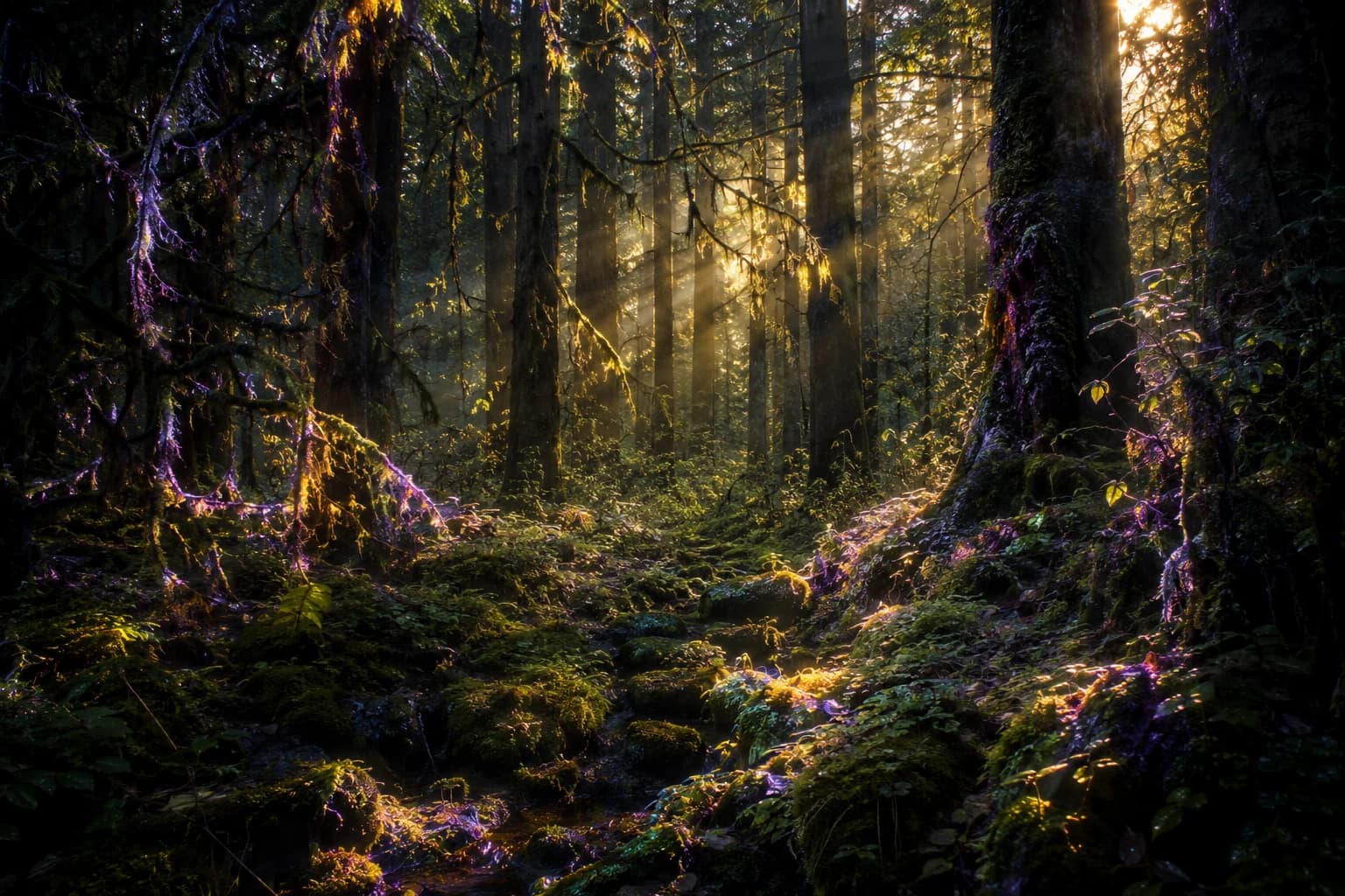 A forest interior lit by gold and violet light shafts