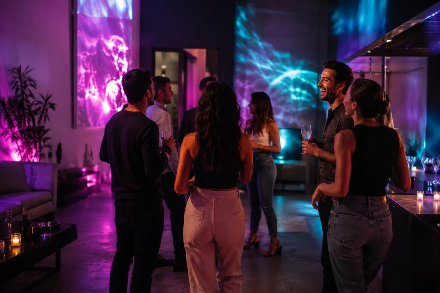 People at a party surrounded by vivid magenta and cyan light