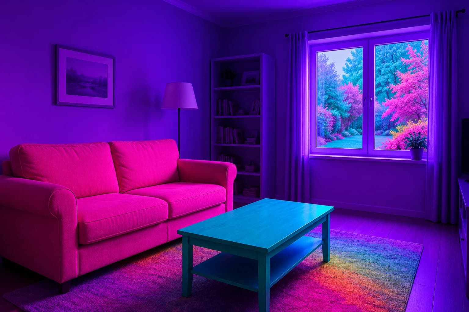 An ordinary living room washed in violet, magenta and cyan light